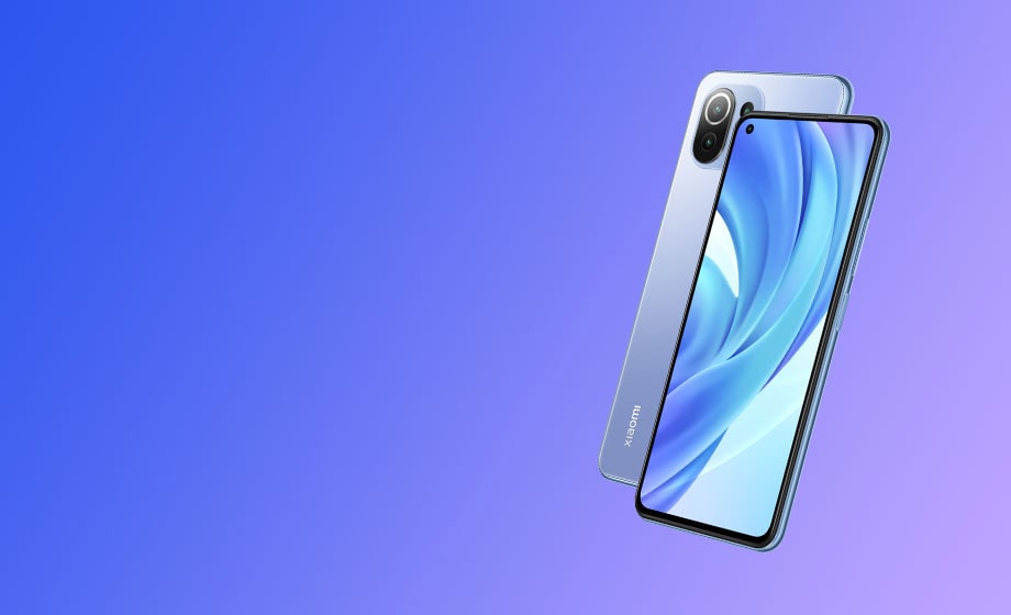 Móvil azul con pantalla grande y diseño moderno.