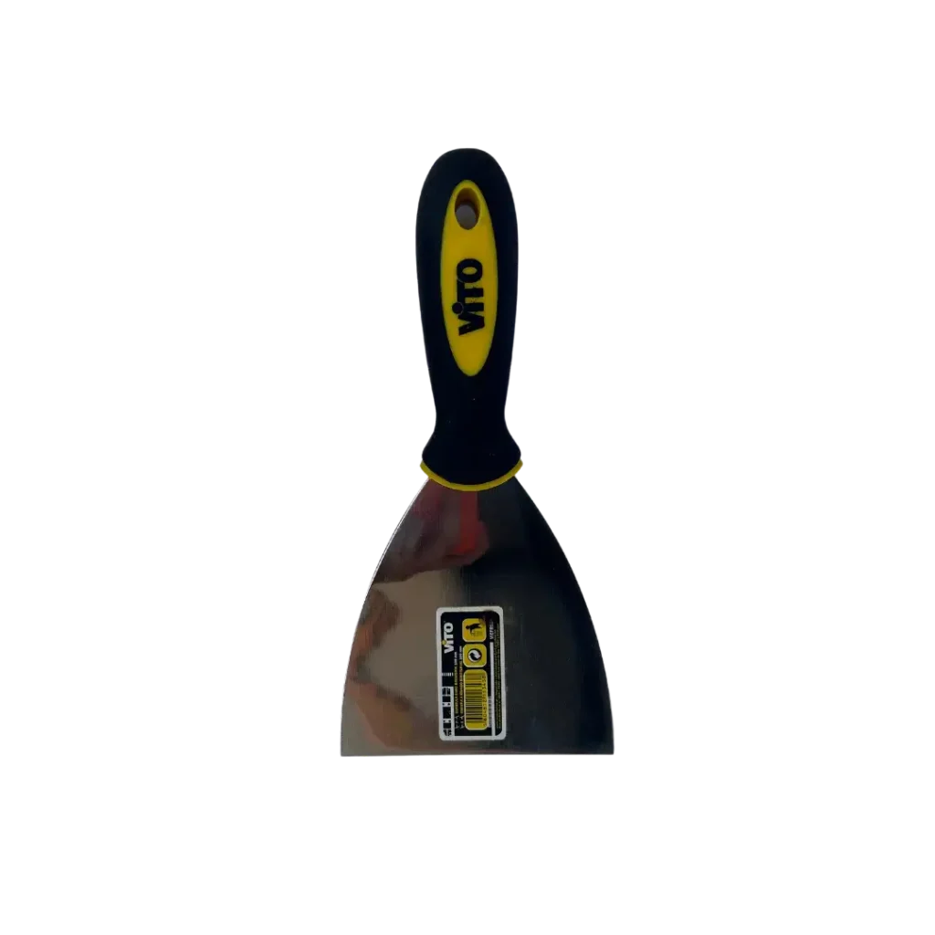 Espátula de metal con mango negro y amarillo.