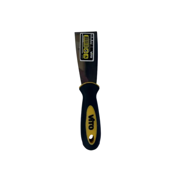 Espátula con mango negro y amarillo.
