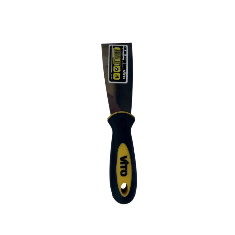 Espátula con mango negro y amarillo.